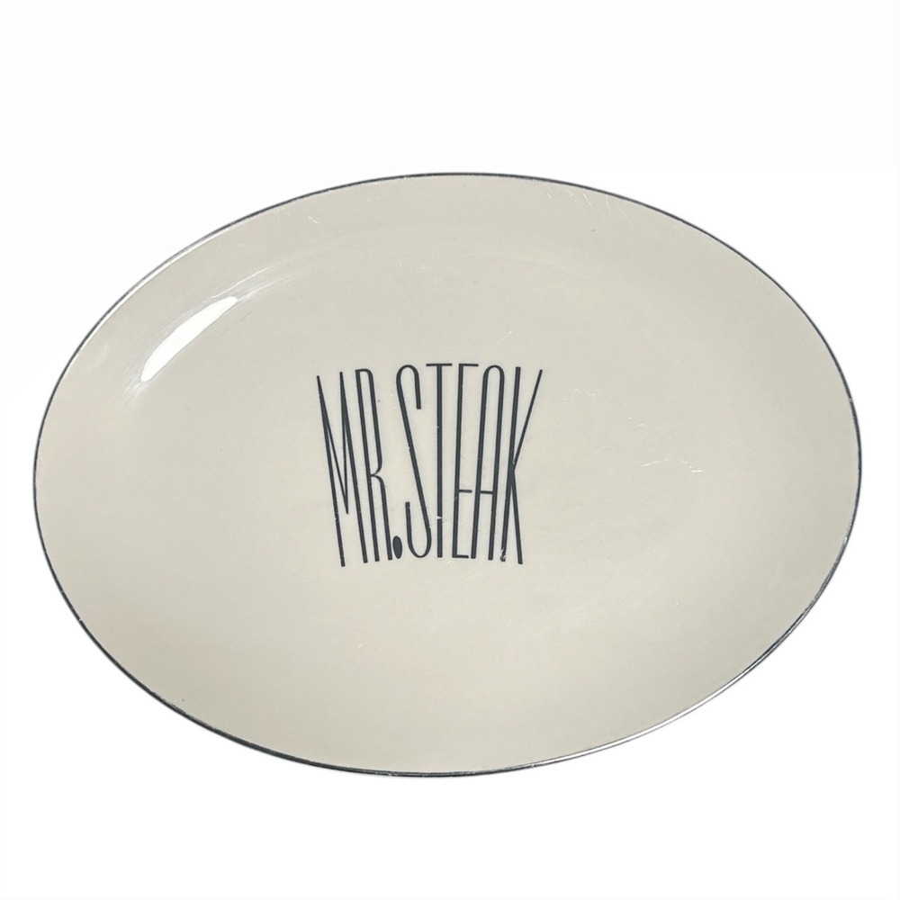 Vintage Triomphe Mr Steak Oval Ceramic Serving Platter Made in USA Cream Black